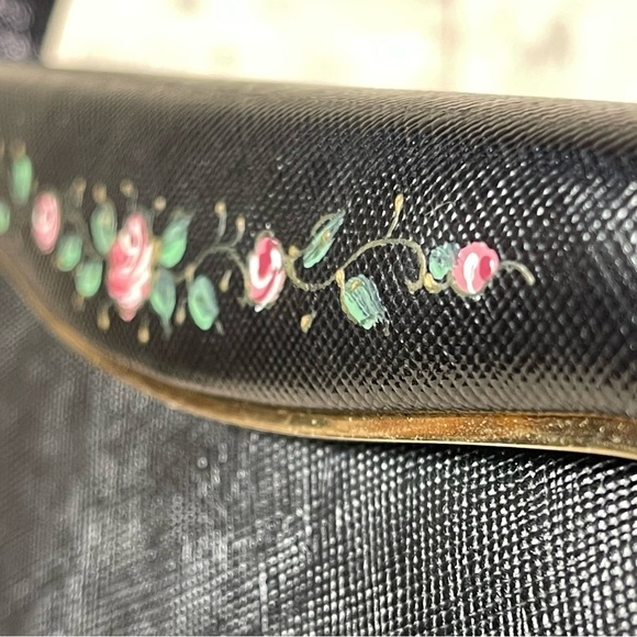 Etra Purse Vintage 1960's Black Leather French Hand painted with Pink Flowers - Picture 10 of 15